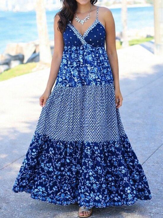 H&M Dresses & Skirts - H&M L.O.G.G Blue Tiered Maxi Dress Surplice V Neck Lightweight Cotton Size 12